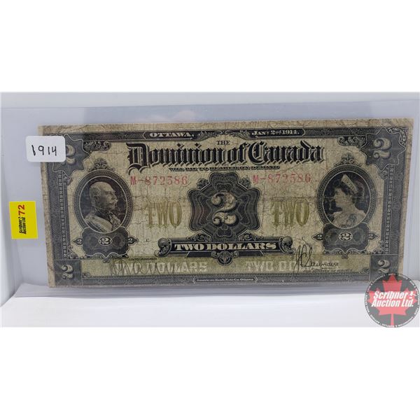 Dominion of Canada $2 Bill "Horse Blanket" 1914 (Saunders M-872586) (See Pics for Signatures/Serial 