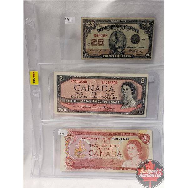 Canada Bills (3) : 1923 Twenty Five Cent "Shinplaster" ; 1954 $2 Bill ; 1974 $2 Bill (See Pics for S