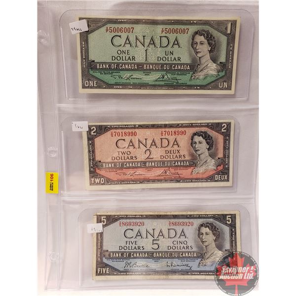 Canada Bills 1954 (3) : $1 Bill ; $2 Bill  ; $5 Bill (See Pics for Signatures/Serial Numbers)