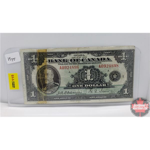 Canada $1 Bill 1935 (Osbourne/Towers A0924898) (Note: Taped) (See Pics for Signatures/Serial Numbers