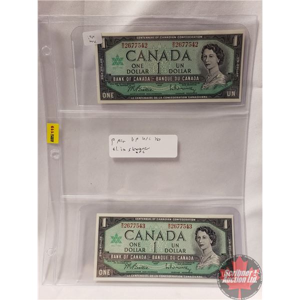 Canada $1 Bills 1967 (2 Sequential) (Beattie/Rasminsky MO2677542-543)