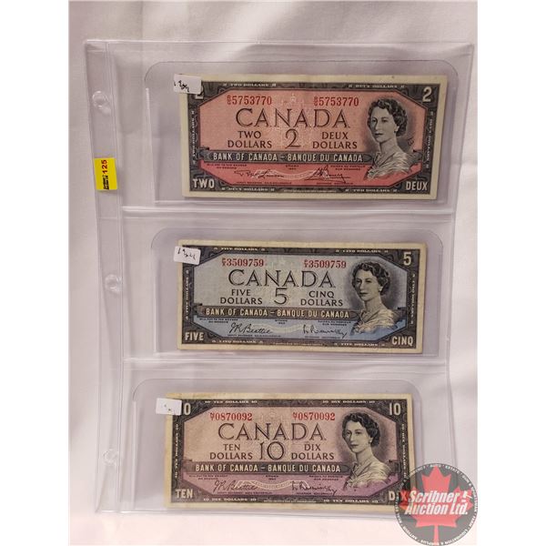 Canada Bills 1954 (3) : $2 Bill ; $5 Bill ; $10 Bill (See Pics for Signatures/Serial Numbers)