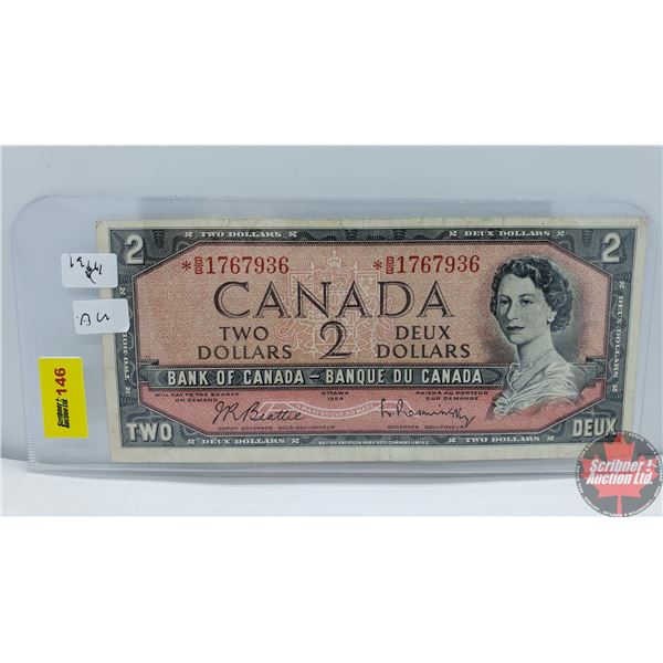 Canada $2 Bill 1954 *Replacement (Beattie/Rasminsky *BB1767936) (See Pics for Signatures/Serial Numb