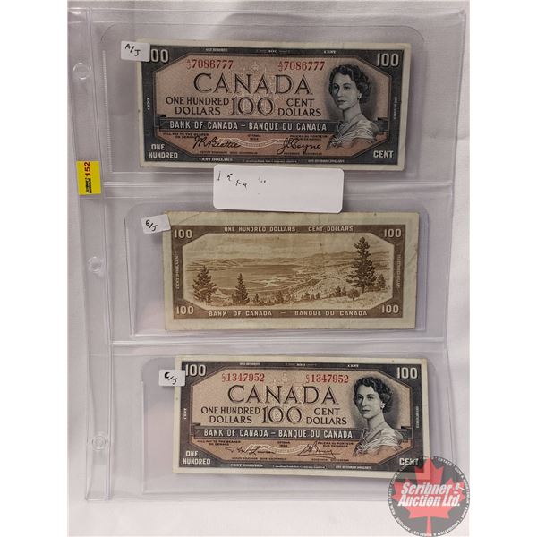 Canada $100 Bills 1954 (3): Beattie/Coyne AJ7086777 ; Lawson/Bouey BJ9779043 ; Lawson/Bouey CJ134795