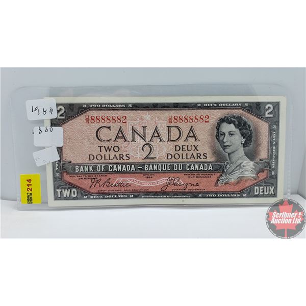 Canada $2 Bill 1954 (Near Solid S/N#) (Beattie/Coyne UB8888882) (See Pics for Signatures/Serial Numb