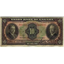 Union bank of Canada  1921 $10  No.046595  Fi