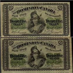Lot of 2 1870 25¢ notes one plain and the other Ltr B