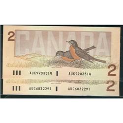 BC-55a, 1986 $2 #AUG6832291 & AUK9903514 UNC,