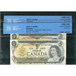 Lot of 2 notes 1973 BC-46b $1  RADAR BAP 5522