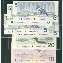 Lot of 6 notes 1986 $5 Bonin Thiessen  ANA000