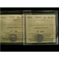 NFLD Lot of 2  ICCS  graded 5¢ 1919C VF-30, 1