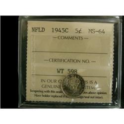 NFLD 1945c 5¢ ICCS MS-64