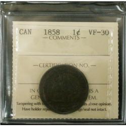 1858 1¢ ICCS VF30, chocolate brown