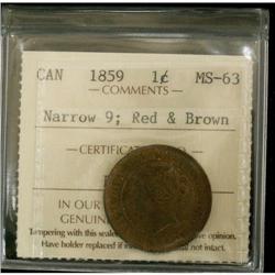 1859 1¢ Narrow 9 ICCS MS63RB, shows nice lust