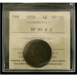 1859 1¢ DP#2 ICCS VF30, clean example