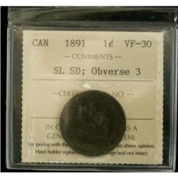 1891 1¢ SL SD, Obv 3 ICCS VF30