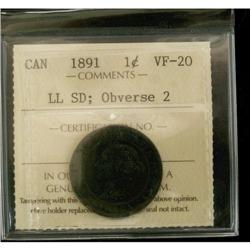 1891 1¢ LL SD, Obv 2 ICCS VF20, nice issue