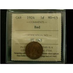 1924 1¢ ICCS MS63 red, super small cent examp