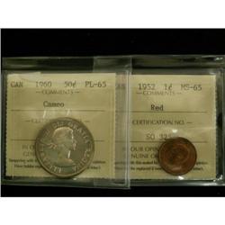 1952 1¢ ICCS MS-65 RED,1960 50¢ ICCS PL-65 Ca