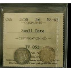 1858 5¢ Sml date ICCS MS63, light greyish ton