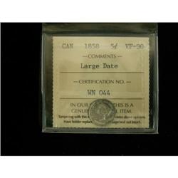 1858 5¢ Lg Date ICCS VF30, Nice remaining lus