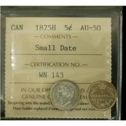 1875H 5¢ Sml date ICCS AU50, super key date e