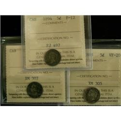 Lot of 3 ICCS graded 5¢; 1888 VF-20, 1889 F-1