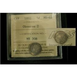 1892 Obv.2  5¢ ICCS MS64, light toning over f