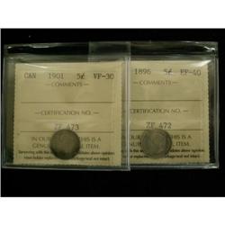 Lot of 2 ICCS graded 5¢, 1896 EF-40,1901 VF-3
