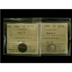 1900 5¢ ICCS AU58, lot of two coins, Oval and