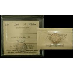 1907 5¢ ICCS MS64, blast white and lustrous