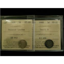Lot of 2 ICCS graded 5¢; 1908 small 8 VF-20,