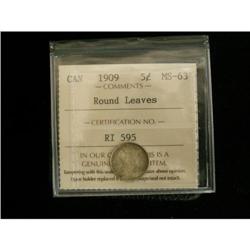 1909 5¢ Round Leaves ICCS MS63, light brownis