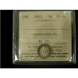 1912 5¢ ICCS MS64, nice eye appeal