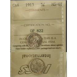 1913 5¢ ICCS MS65, Gem example
