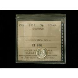 1914 5¢ ICCS MS64, Frosty white gem