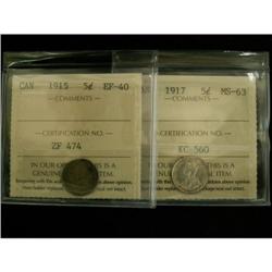 Lot of 2 ICCS graded 5¢, 1915 EF-40, 1917 MS-