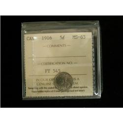 1916 5¢ ICCS MS63, nice dark brown tone
