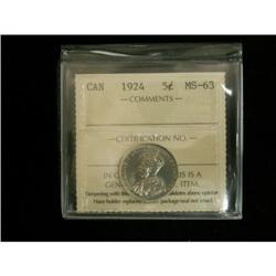 1924 5¢ ICCS MS63, superb fields