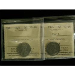 Lot of 2 ICCS graded 5¢ 1925 VG-10, 1926 far
