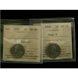Lot of 2 ICCS graded 5¢; 1925 VF-20, 1926 nea