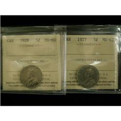 Lot of 2 ICCS grded 5¢ ; 1927 MS-62, 1928 MS-