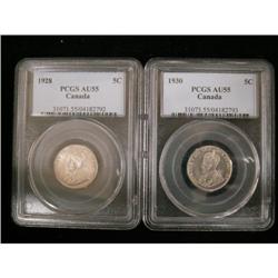 Lot of 2 PCGS graded 5¢; 1928 Au-55, 1930 AU-