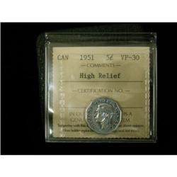 1951 5¢ High Relief ICCS VF30