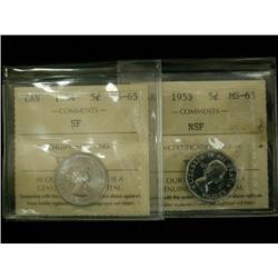 Lot of 2 ICCS graded 5¢, 1953NSF MS-65, 1954