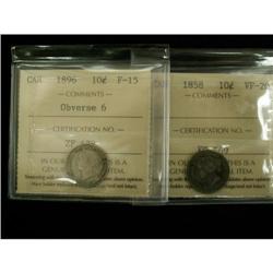 Lot of 2 ICCS graded 10¢, 1858 VF-20,1896 obv