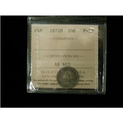 1872H 10¢ ICCS F12. Nice problem free key dat