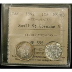 1892 10¢ Sml 9, Obv 5 ICCS MS63.  Lots of lus