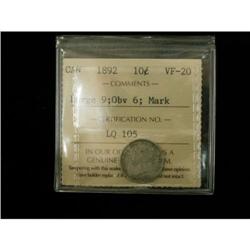 1892 10¢ Lg 9, Obv 6 ICCS VF20, Designated (M