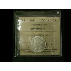1871 25¢ Obv 2 ICCS AU55, lovly example full